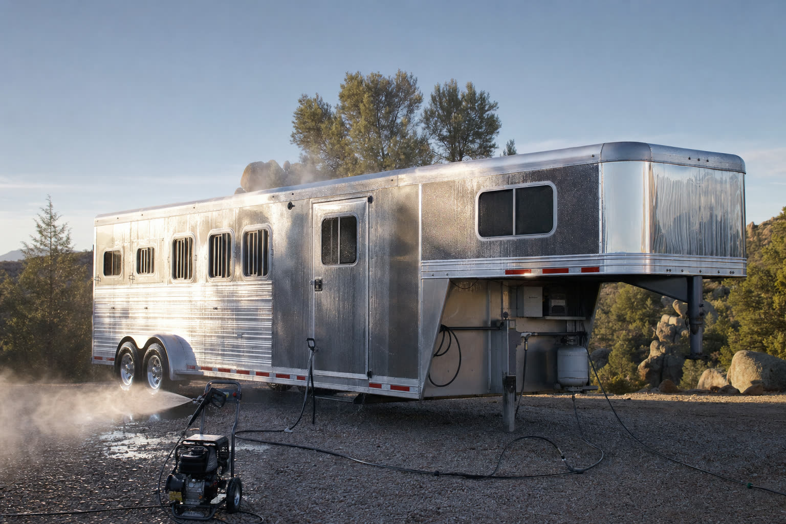 A polished aluminum gooseneck horse trailer being washed with hot water at a rural Arizona property