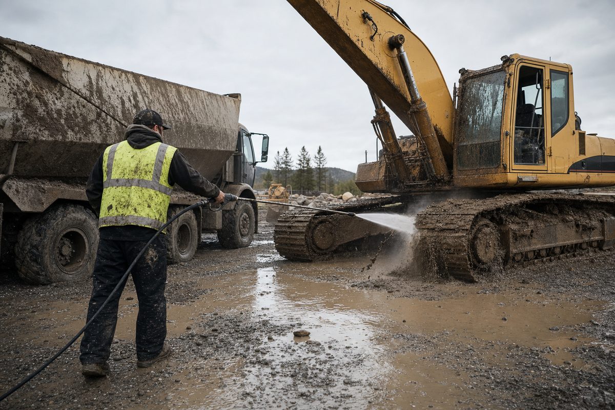 A muddy excavator being pressure washed at a contractor yard
