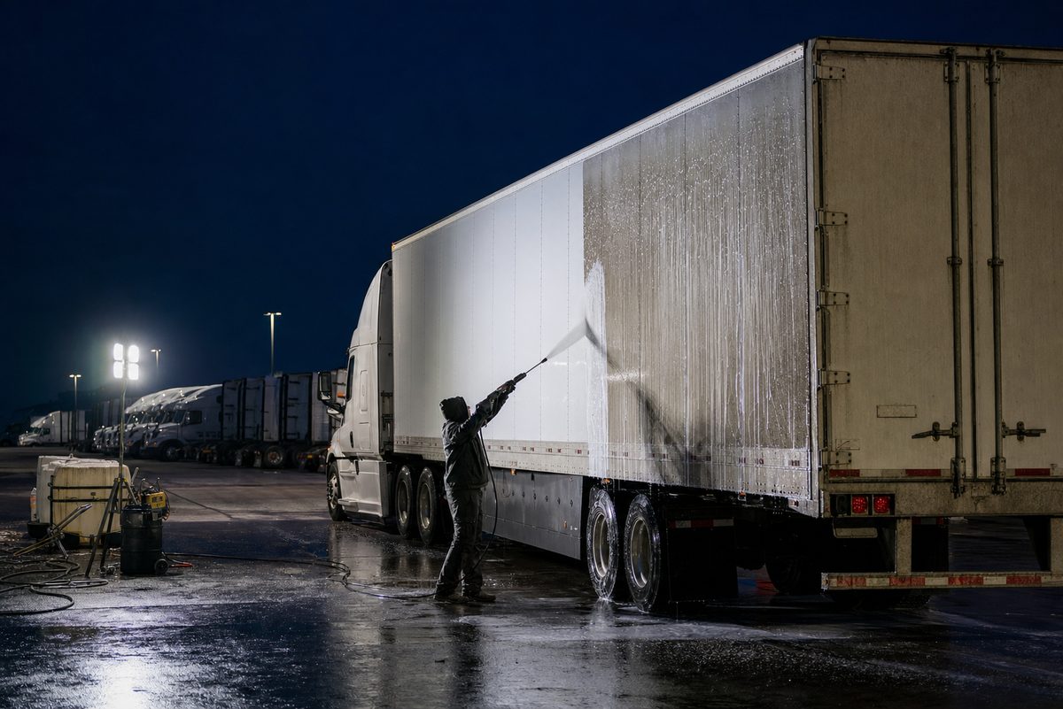 A semi trailer being washed at night, with a clean panel next to a road-grimed panel